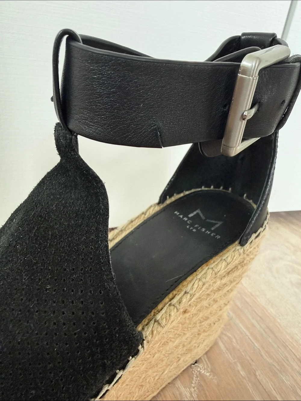 Marc Fisher Black Espadrille Platform Wedge Sandals with Ankle Strap